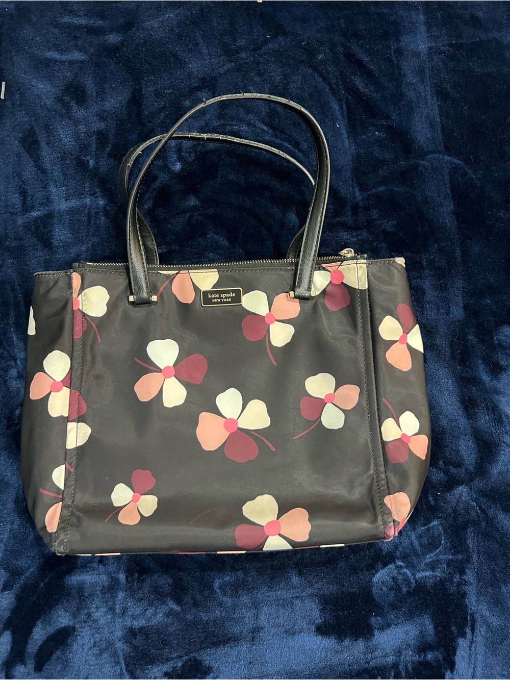 kate spade black tote with pink and cream floral print